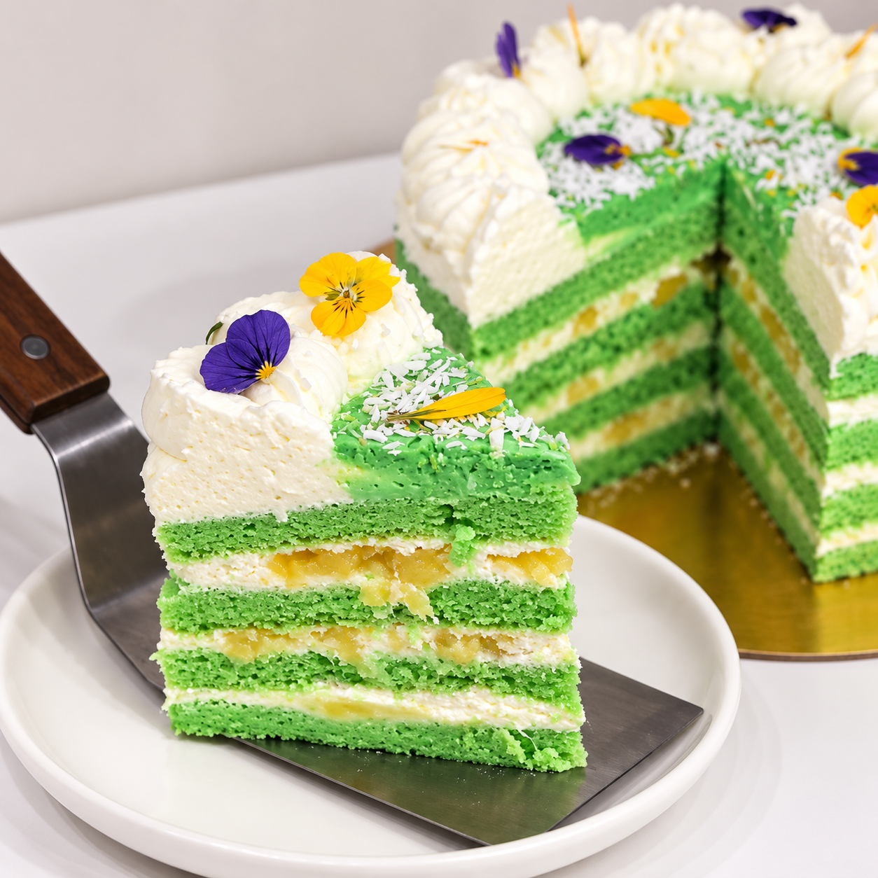 A slice of Pandan Coconut Pineapple Cream Cake